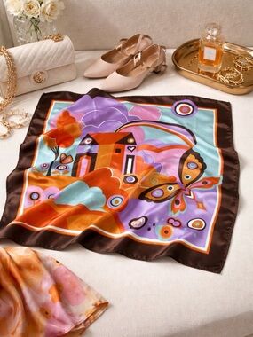 Vintage Italian Printed Scarf, Psychedelic Mod, Summer, 30” x 30”